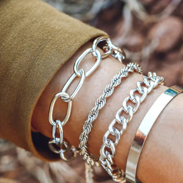 Curb Chain Bracelet Set Silver