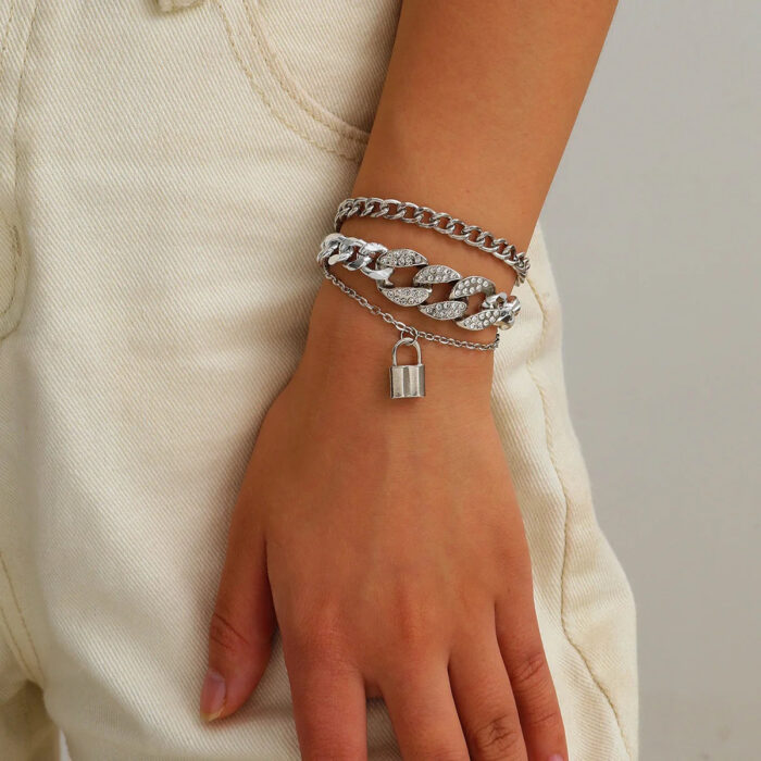 Diamond Lock Bracelet Set Silver